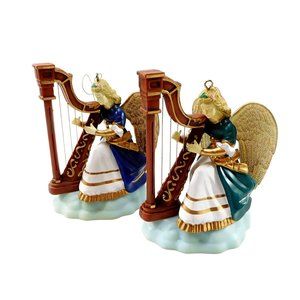 Vintage Pair of Enesco Angels Playing Harp Ornaments 4"